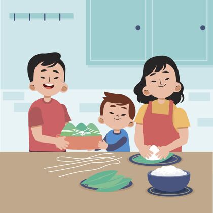 龙舟粽子扁舟一家准备吃粽子插画平面设计中国节日