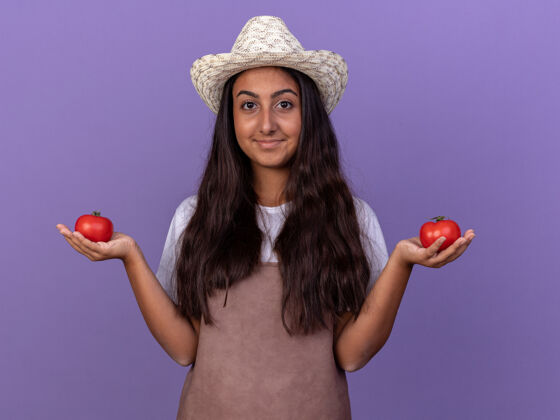 围裙穿着围裙 戴着夏帽 脸上挂着微笑 手里拿着新鲜西红柿的年轻园丁女孩站在紫色的墙上帽子年轻站起来