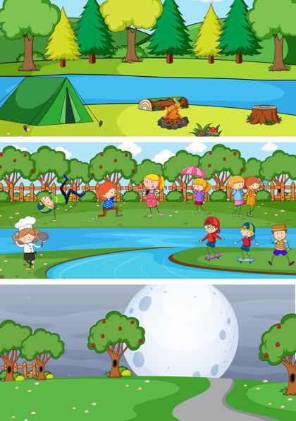 花园一组不同的水平场景与涂鸦儿童卡通人物系列素描活动