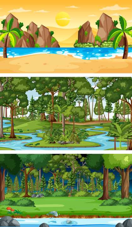 热带一组不同时代不同森林的横向场景卡通气候橙色