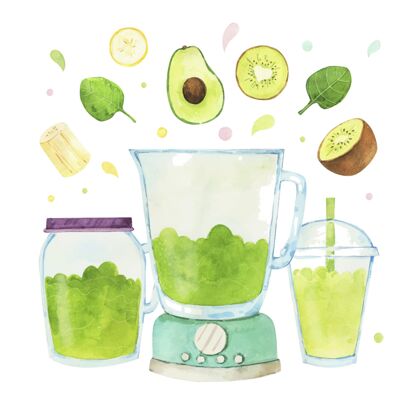 健康手绘水彩画果汁在搅拌机玻璃插图可口手绘水彩画
