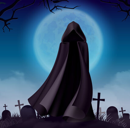 月亮万圣节鬼魂披风在晚上与大月亮和墓地的看法与黑暗的长袍墓地风景天空