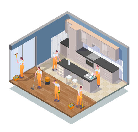 装修等距清洁组成与清洁工作在公寓插图工人五颜六色清洁