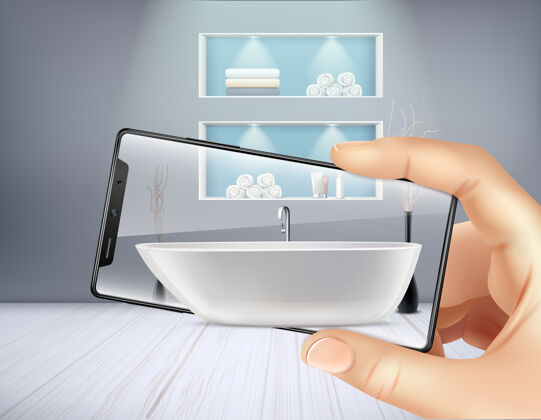 应用增强现实智能手机应用和浴室内部插图手浴室浴室