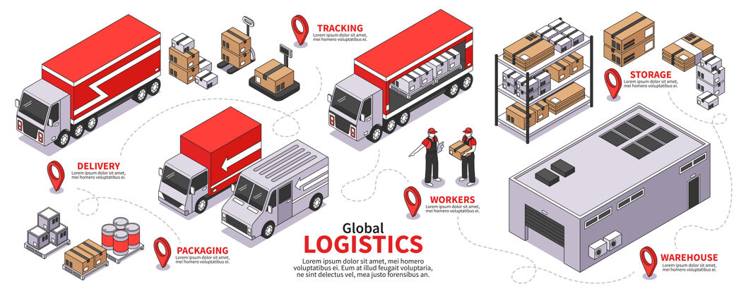 等距图等距物流信息图 包括卡车 建筑物 仓库和位置标志的流程图标题标志信息图