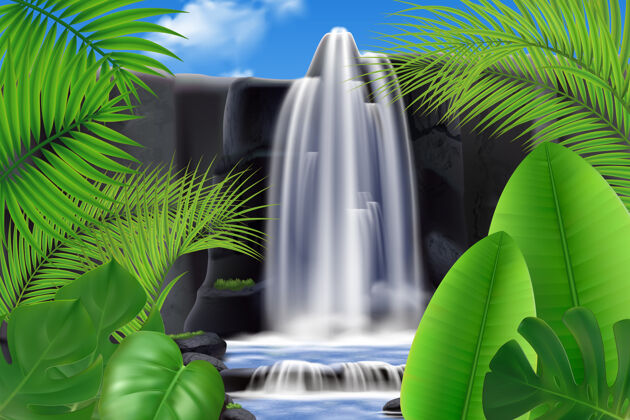 异国情调真实的热带瀑布与树叶插图山岩石风景