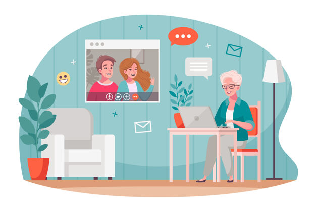 祖母老年人用笔记本电脑与老妇和孩子聊天视频交流卡通作文沟通夫妻老人