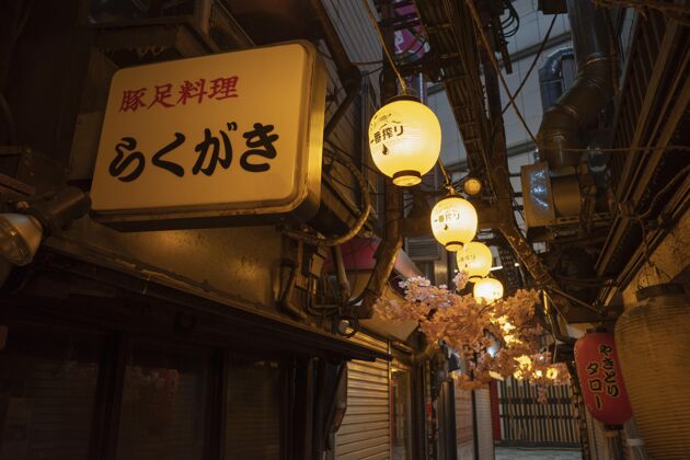 透视图有商店和灯笼的日本街城市建筑大都市