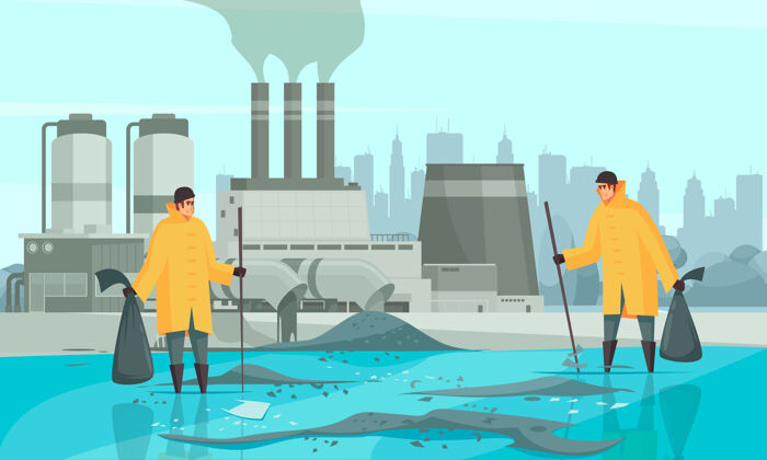 污染具有人性的自然水污染成分城市景观和污染水面的工厂建筑插图性格工厂活动家
