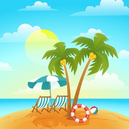 棕榈树渐变夏季插画夏天插图救生圈沙滩椅