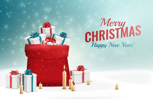 雪花圣诞快乐和新年快乐贺卡插图红色礼品袋红色快乐快乐