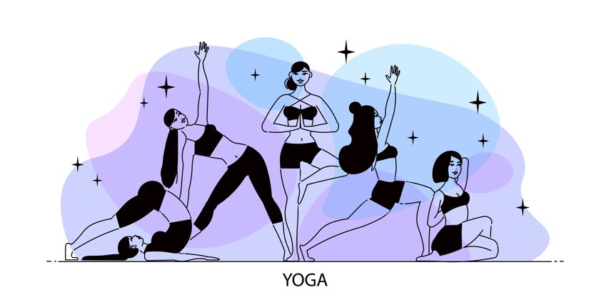 运动员线条艺术女性瑜伽构图以明星和女性人物的元素为梯度锻炼姿势健美操