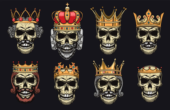 君主制头骨在皇冠平面插图集卡通王子皇室