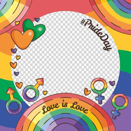 同性恋手绘自豪日社交媒体框架模板庆祝6月27日彩虹旗帜