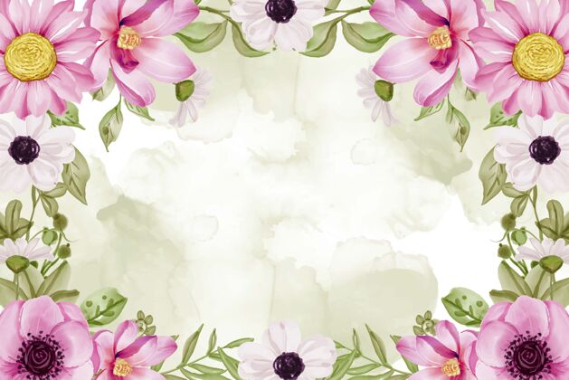 粉彩水彩花卉框架背景与粉红色的花朵和绿叶水彩花背景花