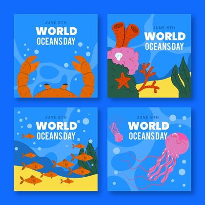 全球手绘世界海洋日instagram帖子集社交媒体发布活动