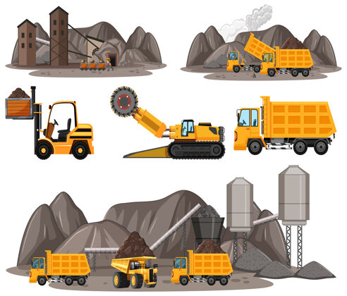 自然煤矿现场有不同类型的建筑卡车外面木炭环境