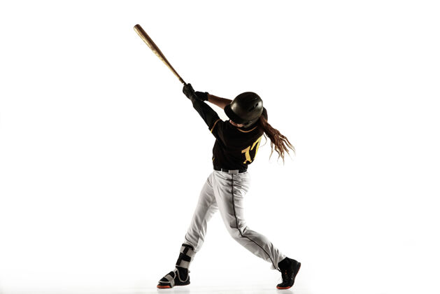 背景棒球运动员 穿着黑色制服的投手 在白色背景下练习和训练训练团队运动