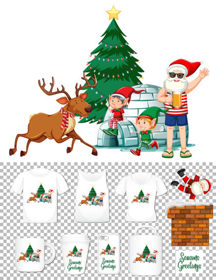 天气圣诞老人在夏季服装卡通人物与一套不同的服装和配件产品的透明背景许多圣诞老人人物