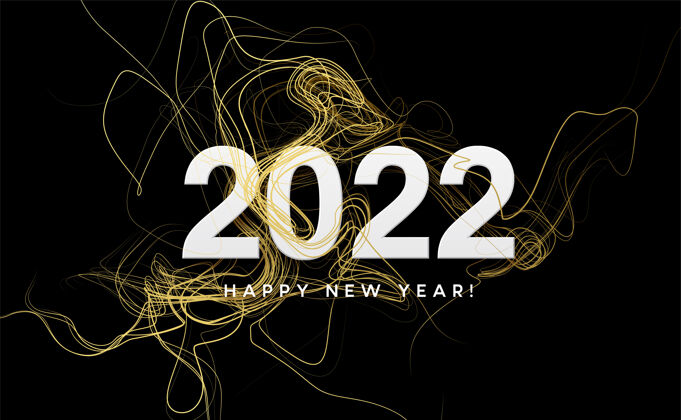 祝愿日历标题2022年金色波浪漩涡与金色闪光黑色新年快乐2022年金色波浪背景优雅活动折扣
