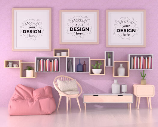 家具客厅模型中的海报框架花卉3d墙室内