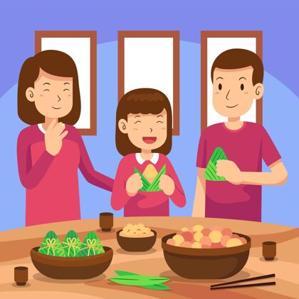 中国人扁舟一家准备吃粽子插画端午节日家庭