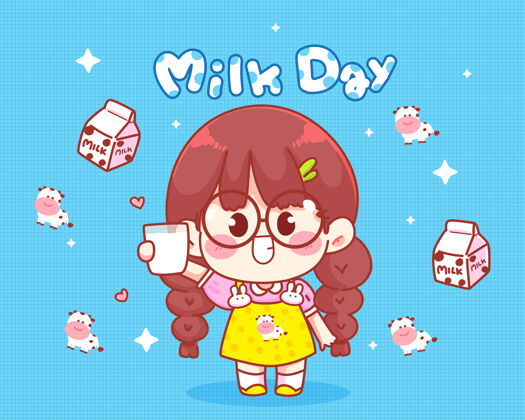 水可爱的女孩微笑着手里拿着一杯牛奶 牛奶日插图早晨乳制品保持