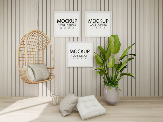 墙海报框架模型在墙上与植物现代室内最小花卉
