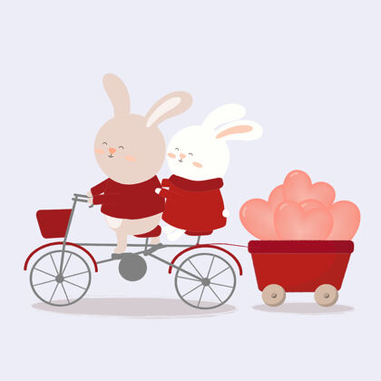 情侣两只兔子骑在自行车上背着气球的插图动物美丽浪漫