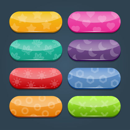 光泽彩色矢量游戏按钮和框架集移动应用程序的元素选项和选择窗口 面板设置空彩色水晶