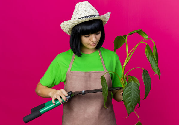 信心自信的年轻女园丁穿着制服 戴着园艺帽 拿着剪刀 看着植物女复制穿