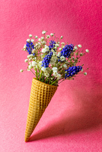 最小粉红色墙上有花朵的冰淇淋筒侧视图 复制空间 春季花朵概念花乡村成分