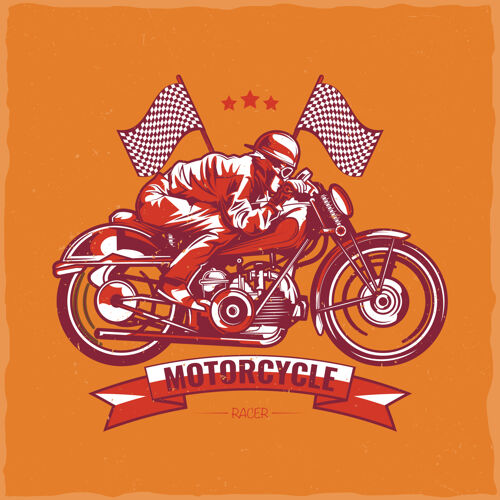 冠军摩托车主题t恤设计 配上骑在老式摩托车上的摩托车手的插图男人赛车旗帜