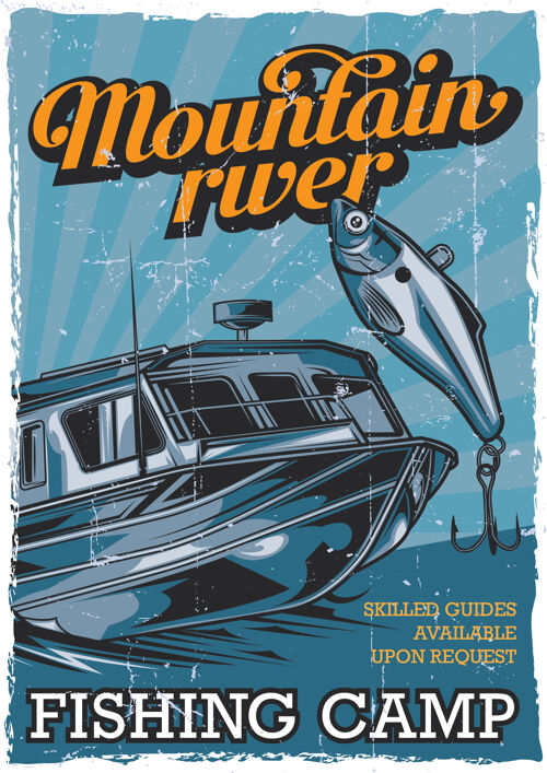 船只航海主题复古海报设计与渔船插图钓鱼水航海