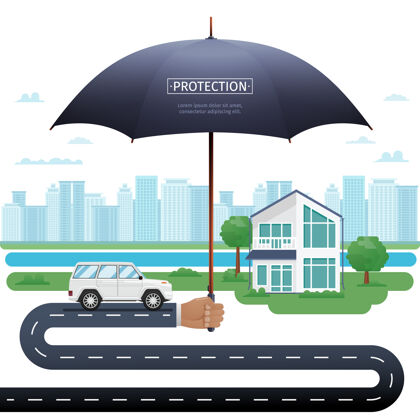 储蓄代理持伞看房看车财产保险伞保护概念图伞下看房看车安全别墅河流