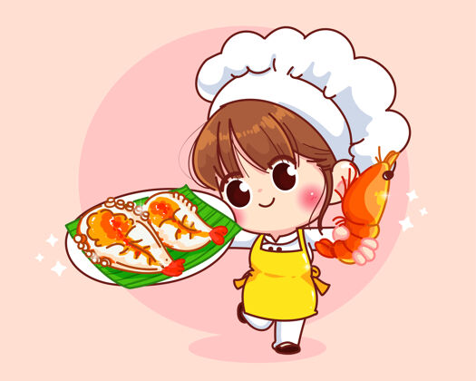 宴会可爱的厨师女孩微笑着制服拿着烤虾海鲜菜单卡通艺术插画帽子主管卡通