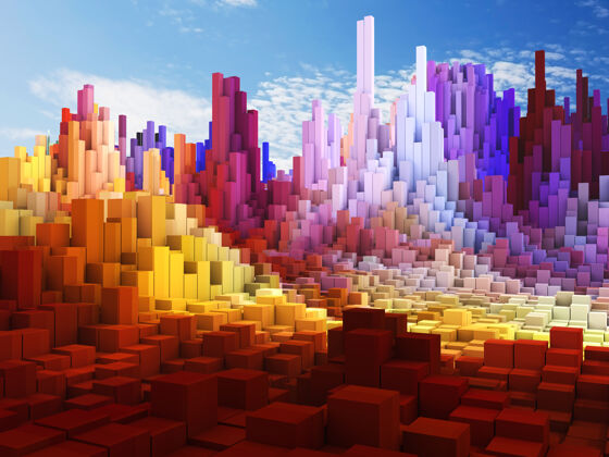 形状一个抽象立方体景观在蓝天背景下的三维渲染正方形技术三维渲染