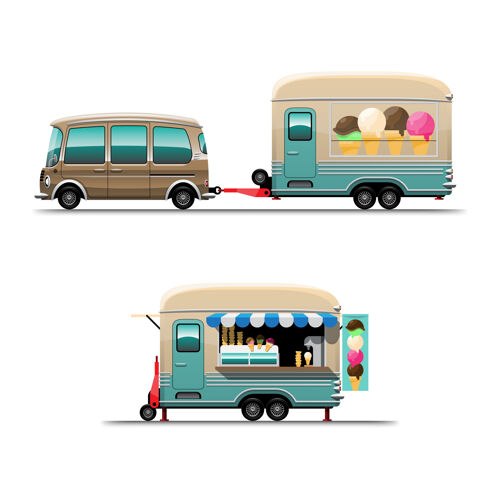 圆锥体一套带雪糕的拖车食品车 带菜单板 白色背景上的绘图式平面插图车辆美食卡车
