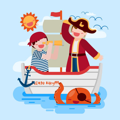 鸟海盗和色拉男孩在船上用望远镜 在海里用鱿鱼 画卡通人物漫画船望远镜