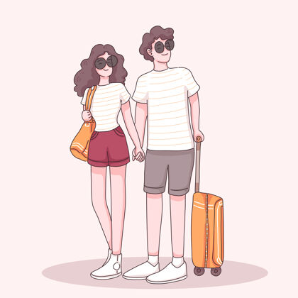 假日年轻的旅行者夫妇戴着墨镜站在手提箱和手牵手旅行卡通人物 平面插图包装手提箱太阳镜
