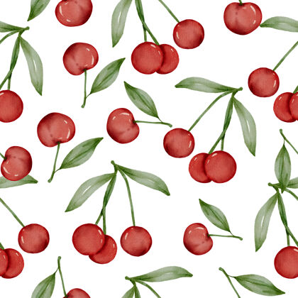 随时打印樱桃和绿叶的无缝图案多彩树叶食物