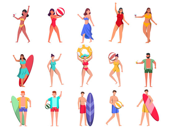 民族一捆15个穿着泳衣的女性角色 摆着资产的姿势角色旅行跑步
