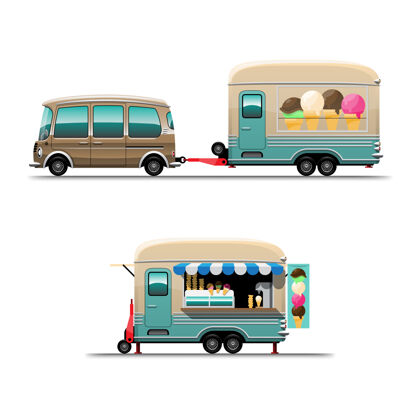 圆锥体一套带雪糕的拖车食品车 带菜单板 白色背景上的绘图式平面插图车辆美食卡车
