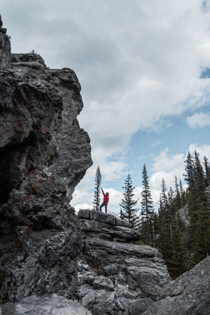 树站在岩石山上的人举起右手 在白色和灰色天空下的树旁冷杉攀岩悬崖