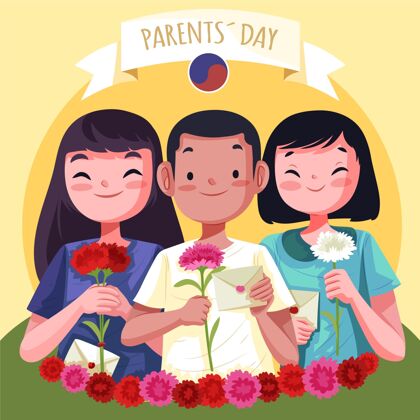 为人父母手绘韩国父母节插画韩国康乃馨韩国