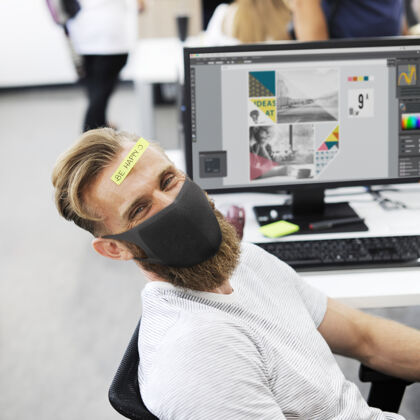 工作科维德19号 戴着新面具的员工黑面具病毒爆发商务人士