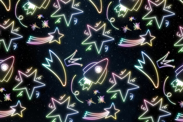 Led霓虹火箭明星涂鸦图案背景霓虹灯卡通背景涂鸦