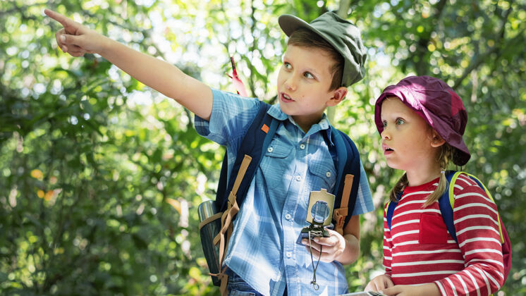 闲逛两个可爱的孩子在森林里跋涉森林指点自由