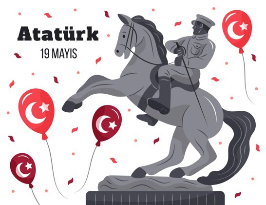 土耳其手绘纪念阿塔图尔克 青年和体育日插图青年和体育日土耳其国旗纪念