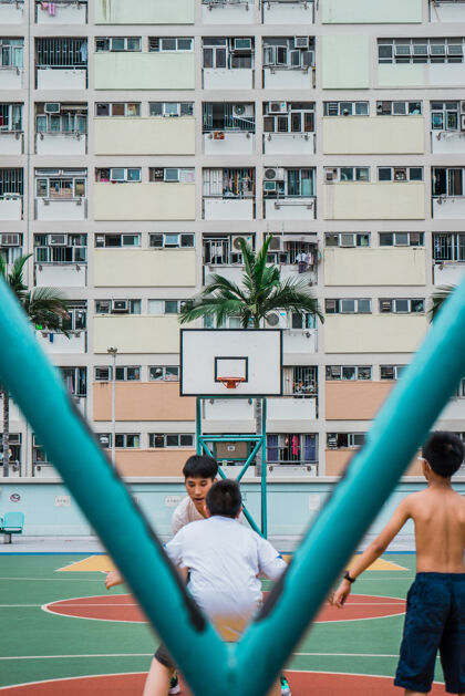 人一群人在白天打篮球城市街道校园